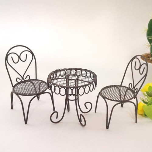 KARLOR Juego de 3 mesas y sillas en miniatura, mini mesa y silla de metal, redonda, decoración de restaurante, muebles de jardín, minimuebles, adornos, mesa, oficina, salón, decoración, estilo vintage