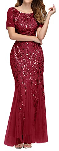 VEMOW Vestido de Noche Elegante Mujer Vestidos de Fiesta Largo de Manga Corta con Lentejuelas Cuello Redondo Vestidos Invitada Boda Vestido de Cóctel Formal Graduación Ceremonia(Rojo,L)