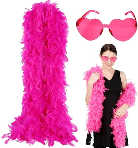 Boa de Plumas de Pavo, Plumas Bufandas de Plumas Decorativas para baile, boda, fiesta, cosplay, Halloween, con Gafas de sol en forma de corazón(200CM)