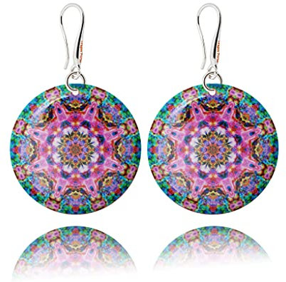 Large Mandala Boho Women Dangle Earrings (27 - Pink Turquoise Round)