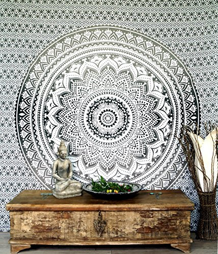 GURU SHOP Boho-Style Wandbehang, Indische Tagesdecke Mandala Druck- Weiß/schwarz, Baumwolle, 230x210x0 cm