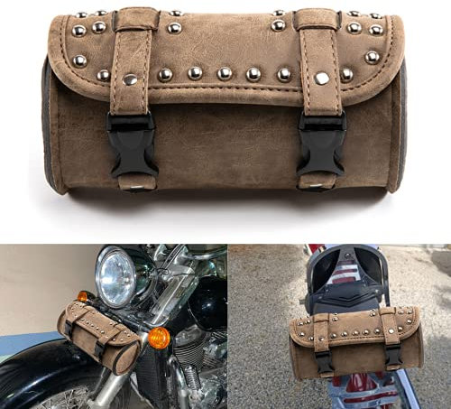 APEBAZY Motorrad Gabeltasche, Universal Lenker Werkzeugtasche Roll Barrel Bag Braun PU Leder Seitentaschentasche Dekorativ mit Nieten Für Sissy Bar Heckträger (Braun)