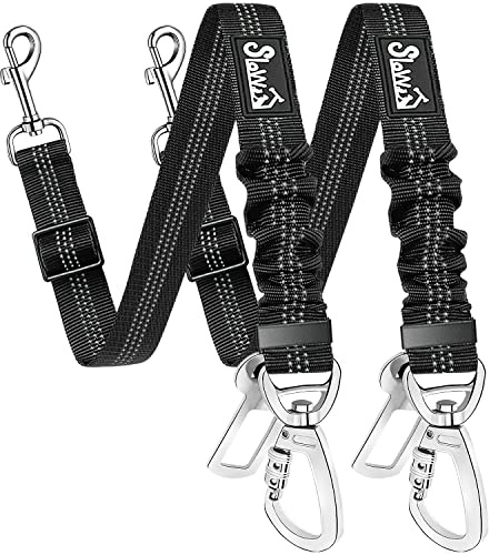 SlowTon Dog Seatbelt, 2 Pack Dog Seat Belt Car Leash Adjustable Elastic Bungee Buffer Heavy Duty Nylon Reflective Pet Safety Tether Connect to Dog Harness for Travel Riding in Vehicle (Daul Clip, B)