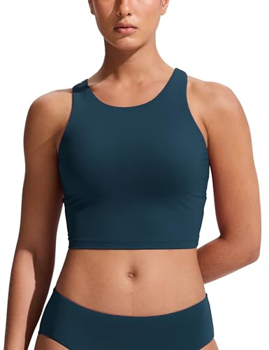 CRZ YOGA Womens Racerback Bikini Tops Quick Dry High Neck Modest Swimsuit Padded Sports Bathing Suit Insignia Blue Small