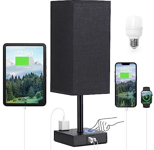 Black Bedside Table Lamp for Bedroom - Dimmable Touch, USB C+A, AC Outlet