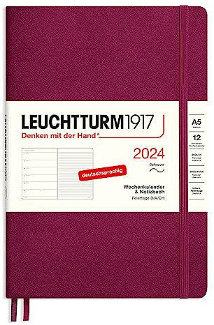 LEUCHTTURM1917 367779 Wochenkalender & Notizbuch Medium (A5) 2024, Softcover, Port Red, Deutsch, 12 Monate
