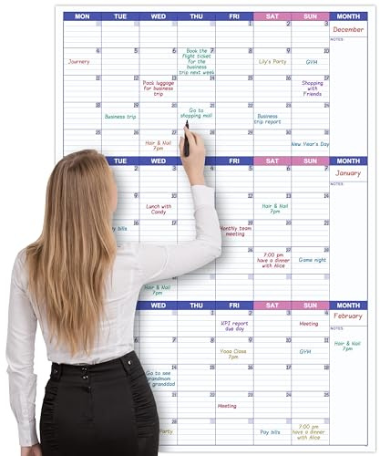 Wall Planner Undated - Large Three Monthly Dry Erase Reusable Wall Planner, Laminated Poster - Purple, Includes 8 Stickers, Plan for Home Office Work, 101 cm X 73 cm