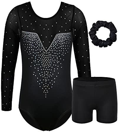 ZNYUNE Maillots de Gimnasia Clásico Leotardo Mangas Largas/sin Manga Body Elástico de Ballet con Pantalones con Diadema B203 SequinBlack 6A