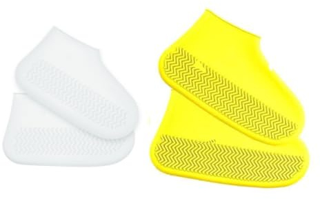 Amindz Cubrezapatos impermeables, 2 pares de cubrezapatos de silicona reutilizables antideslizantes impermeables para la lluvia y la nieve, blanco talla M, amarillo talla L