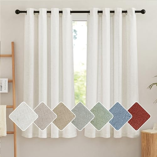 PONY DANCE Leinenvorhang Halbtransparent Wohnzimmer Gardinen mit Ösen Kurz 2er Set H 160 x B 140 cm, Leinenoptik Gardinen Creme Küchenvorhänge Kurz Boho Style Linen Curtains