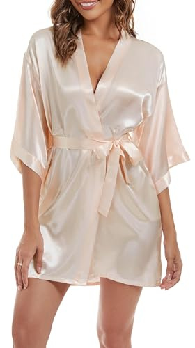 SHCNSJC Satin Bademantel Kimono Robe Damen Leicht Morgenmantel Kurzer Satin Bademantel mit Gürtel,Champagner,M