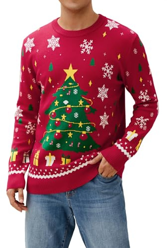 Becotal Maglione Natalizio per Famiglia, con Scollo Rotondo, Divertente Maglione Natalizio con Albero di Natale, Pupazzo di Neve, Abete Rosso Uomo, L