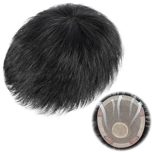 Parrucca nera corta da uomo, sistema di sostituzione del toupet con veri capelli umani naturali con clip per uomo da indossare ogni giorno(Hair length,18 * 20cm)