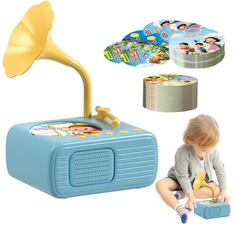 Grammofono per Bambini con 96 Carte, Disco Fonografico con Lettore Musicale per Storie per Bambini, Giocattolo Sensoriale