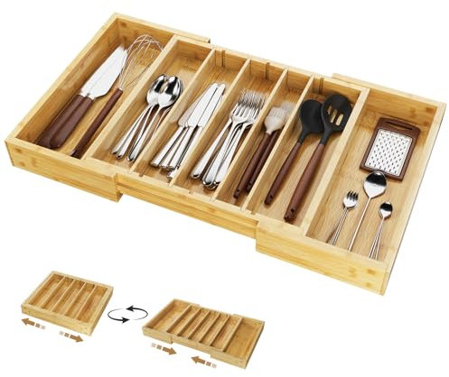 Dripex Bamboo Cutlery Tray, Expandable Drawer Countertop Tray, 4 Adjustable Dividers, 5-7 Compartments, Utensils, Coffee Pods Organiser