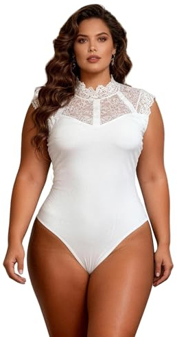 comeondear Spetskropp ärmlös dambody, elegant sexig bodysuit, sommar, stora storlekar, spetsar, toppar, rund hals, outfit, curvy lace tanktopp, smal passform, traditionell body, blusbody med knappar i