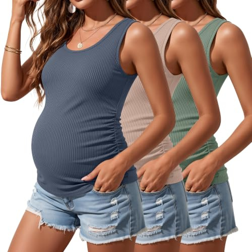 Riyiper Confezione da 3 Canotte Premaman da Donna, Senza Maniche, in Cotone, con Lati in Maglia a Coste e Arricciate(Verde Chiaro, Rosa Polvere, Blu Nebbia,XXL)