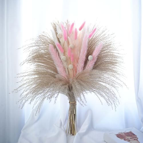 crafity 65pcs Pampasgras Deko Trockenblumen Strauß Rosa Pampasstrauß 44cm Getrocknete Blumenstrauß für Hochzeit Zuhause Tischdeko Whonzimmer Trockenblumenarrangement