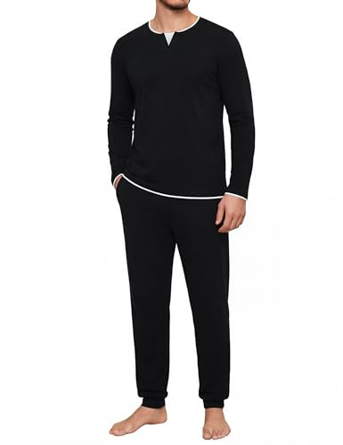 Jahetuul Conjunto de Pijama Hombre Largo Algodón Cuello Redondo con Diseño de Escote en Capas Color Sólido Ropa de Dormir Cálida para Otoño e Invierno