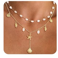 XFSRG 2Pcs Collier Femme Or Chaine or Femme Réglable Collier à Breloques avec Pendentif Étoile de Mer Coquillage Perle Plaqué Or 14K Bijoux Cadeaux (Or 2)