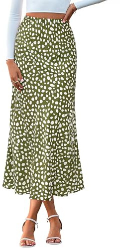 BTFBM Satin Skirts for Women Trendy Spring Summer 2026 High Waisted Leopard Print Cocktail Wedding Long Silk Midi Skirt(Dot Army Green White, Small)