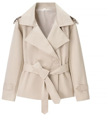 Generisch Trench corto da donna per lavoro, cappotto corto, transizione, elegante, giacca doppiopetto con cintura, trench coat colletto alto, giacca a vento leggera con bottoni, tinta unita, O bianco1