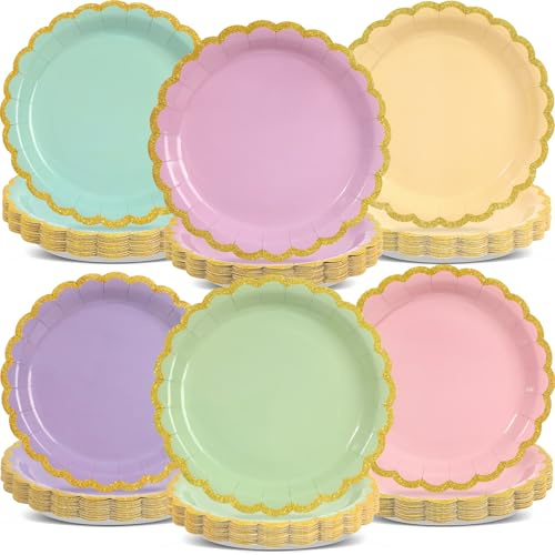 72PCS Pastel Paper Plates 9inch Gradient Rainbow Party Plates Disposable Scalloped Dessert Plate Tableware Set for Baby Shower Supplies Wedding Bridal Engagement Birthday Party Decorations 6 Colors