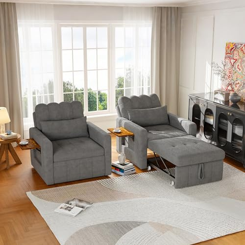 Julyue Liten bäddsoffa 3-i-1, utdragbar säng 190 cm med sidoficka, bäddsoffa hopfällbar, relaxstol, hopfällbar bäddsoffa med sängfunktion upp till 200 kg, grått chenilltyg (mellangrått, 190 × 70 × 42
