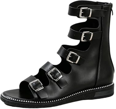 Jemnpela Sandalias Gladiador Romano Mujer Altas Planas Bohemia Punta Abierta Hebillas Metal Recortes Multi Correas Botas Verano Playa Vacaciones Festival Música