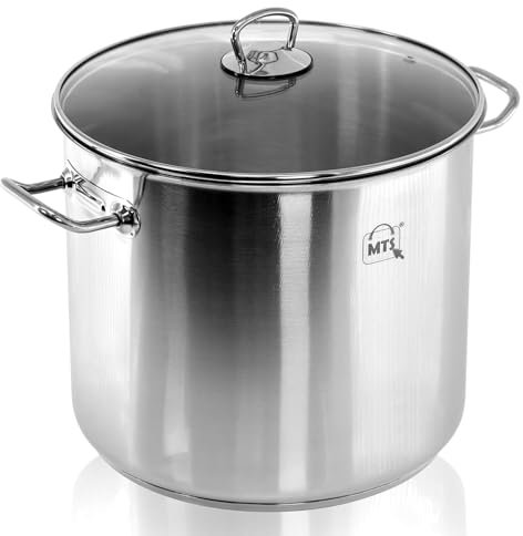MTS Large Stainless Steel Stock Pot with Glass Lid 20L - Induction Ready Soup Stew Pan, All Hob Safe, Riveted Handles, Vented Cover - Essential Cooking Pan for Curry, Biryani, Broth