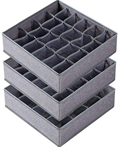 Criusia 3 Pack Sock Underwear Drawer Organizer Dividers, 64 Cell Fabric Foldable Dresser Organizer for Closet Organizers and Storage Boxes for Organizing Socks, Underwear, Ties (16+24+24 Cell, Gray)