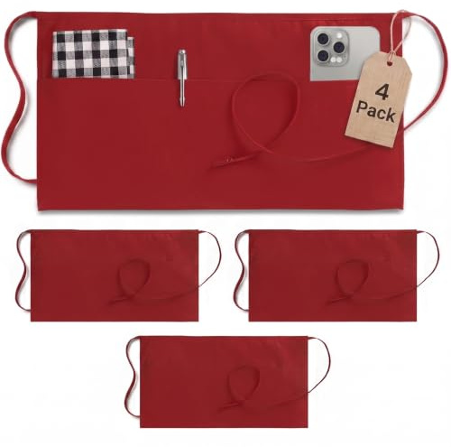 Utopia Wear Server Waist Aprons 4 Pack Short 3 Pockets Men Women Red