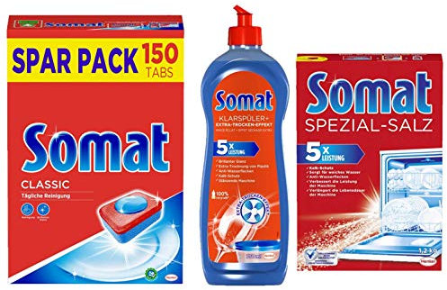 Somat Reinigungs SET Spülmaschinen Reiniger Geschirrreinigung (1x 750 ml Klarspüler + 1x 1,2 kg Spezial Salz + 1x 150 Spülmaschinen-Tabs)
