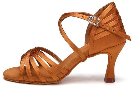 AOQUNFS Donna Scarpe da Ballo Latino Americano Raso Tacco Scarpe da Salsa Tango Bachata Samba Rumba da Pratica e Performance,2324-7.5-Marrone,EU40