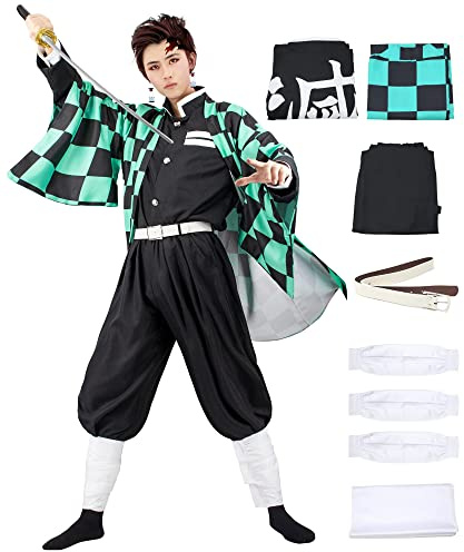 JYakeji 9 stycken Tanjirou cosplay kostym med örhängen, demon slayer Tanjirou cosplay kimono halloween jacka kostym anime kappa outfit för vuxna och barn