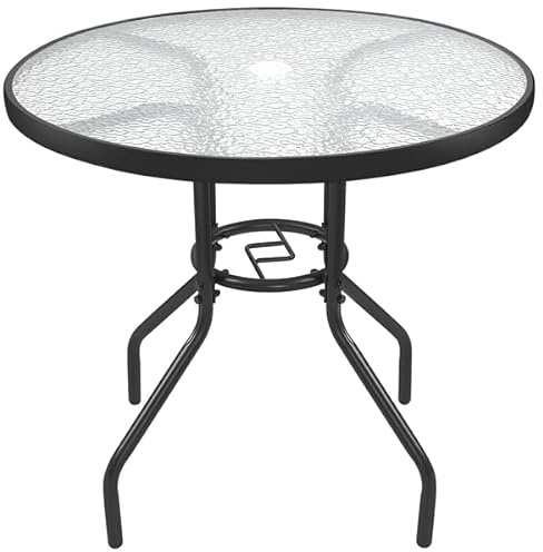 Yaheetech Mesa de Jardín de 70cm de Diámetro Redonda de Cristal Mesa de Balcón con Orificio para Sombrilla Alto 73cm Negro