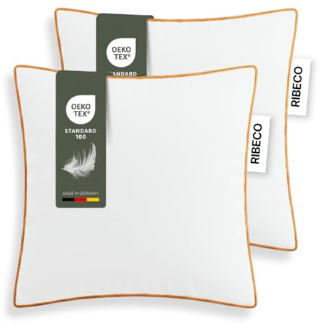 RIBECO GERMANY Federkissen Set Ella, Kopfkissen weiß mit optimaler Stützkraft für den Kopf- und Nackenbereich, hergestellt aus Federn & Daunen, Made in Germany, 2er Set Daunenkissen (80 x 80 cm)