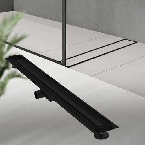 LuxeBath Duschrinne 90 cm 2in1, befliesbar, extra flach, Edelstahl, Schwarz, Doppelseitige Bodenablauf, Komplettset Bodenbefestigung, Duschablauf, Siphon mit Geruchsstop, Haarsieb, Ablaufrinne Dusche