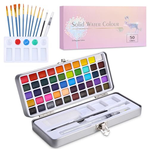 SinLaw Art Aquarelle Peinture,Palette Aquarelle de Poche,50 Couleurs Vives dans une Boîte portative,Aquarelle Set avec 11 pinceaux,1 Palette,1éponge,Parfait pour Un Cadeau