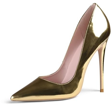 GENSHUO - Scarpe col tacco a spillo da donna nere, 12 cm/4,72 pollici, pumps da donna a punta, per party, in raso, tacco alto sexy, scarpe da donna chiuse, gold, 36 EU