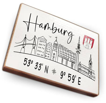 Kühlschrankmagnet mit Städte mit Koordinaten Souvenir Mitbringsel - Handmade aus Buchenholz - 6.5cm x 5cm - Geschenk-Idee (Hamburg)