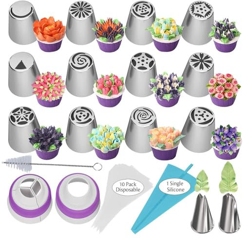 MDLJG 28 Pcs Russian Piping Tips Set, Frosting Nozzle Kit, Baking Supplies for Cookie Cupcake (12 Icing Tips 10 Pastry Baking Bags 2 Leaf Piping Tips 2 Couplers 1 Silicone Bag 1 cleaning brush)