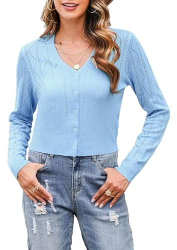 Irevial Elegante Cardigan Ligero con Cuello V Mujer Frontal Abierto de Punto Elástico Corta Tradicional Chaqueta Mujer Chaqueta con Botón Cuello en V para Cóctel Boda Azul cielo，L
