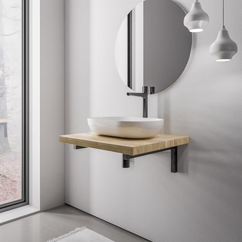 Bernstein PUREWOOD Waschtischplatte aus Eiche Massivholz – Hochwertige Echtholzplatte für Aufsatzwaschbecken, Breite: 80cm - Konsolenträger in Schwarz matt, nachhaltige Holzplatte