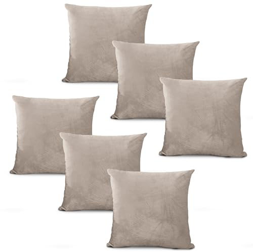 Hafaa Velvet Cushions with Covers Included Sets 12 (6 Beige Cushion Covers, 6 Cushion Inserts 45cm x 45cm) Luxury Decorative Fluffy Square Throw Pillow Case Sofa Cushion with Invisible Zipper