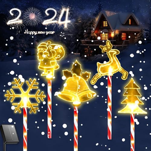 5 piezas de iluminación navideña acrílica solar para exteriores, estacas LED para jardín de Navidad con diseño de elementos navideños, tubos luminosos rojos y blancos, 8 modos de iluminación