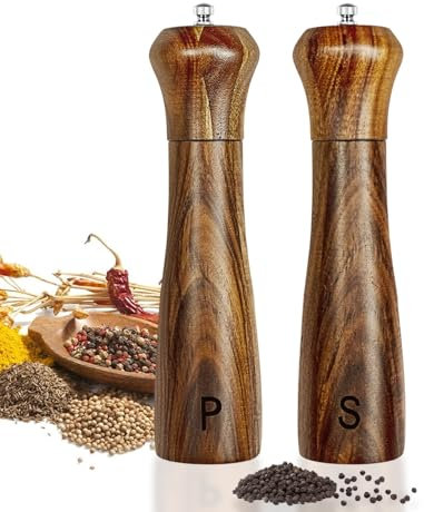 Pepper Grinder Set,Haomacro 8Inch Updated Manual Wooden Pepper Shaker Set,Oak Wood Salt Mill Pepper Grinder Set Refillable with Adjustable Ceramic Rotor 2Pcs