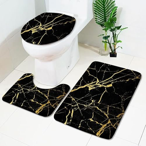 Badezimmerteppich Goldener Schwarzer Marmor WC Vorleger mit Ausschnitt WC Deckelbezug 3 Teiliges WC Teppich rutschfeste Badgarnitur U förmiger Badematte Waschbar Bad Teppiche Set 50x80 cm