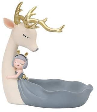 Gaxcent Vassoio Portaoggetti in Resina Animale Portachiavi Decorazione da Tavolo Alce E Ragazza Spuntino Piatto da Portata Piatto da Portata Essiccato Decorativo,Grigio