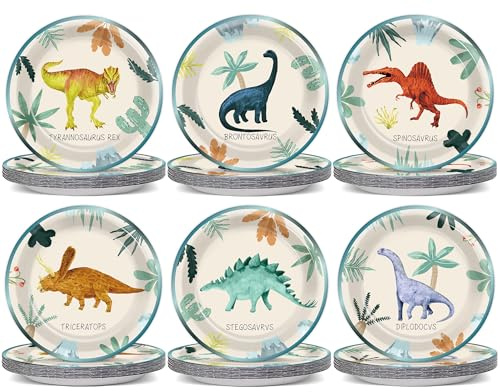 60 PCS Dinosaur Theme Birthday Party Paper Plates Dinosaur Birthday Decorations 7 Inch Dino Design Paper Dessert Plates Colorful Watercolor Dino Plate for Kids Summer Party Baby Shower Supplies